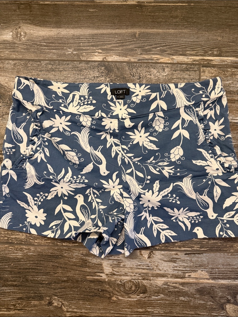 LOFT Blue and White Floral Bird Bike Shorts